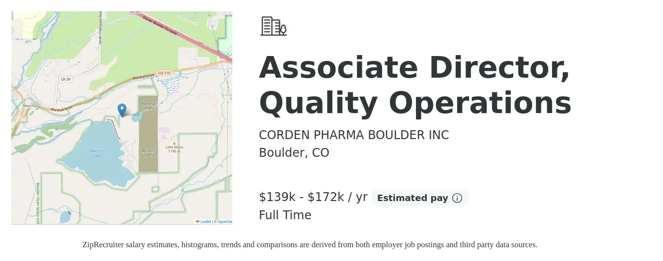 CORDEN PHARMA BOULDER INC job posting for a Associate Director, Quality Operations in Boulder, CO with a salary of $139,990 to $172,697 Yearly with a map of Boulder location.