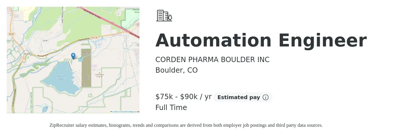 CORDEN PHARMA BOULDER INC job posting for a Automation Engineer in Boulder, CO with a salary of $75,000 to $90,000 Yearly with a map of Boulder location.