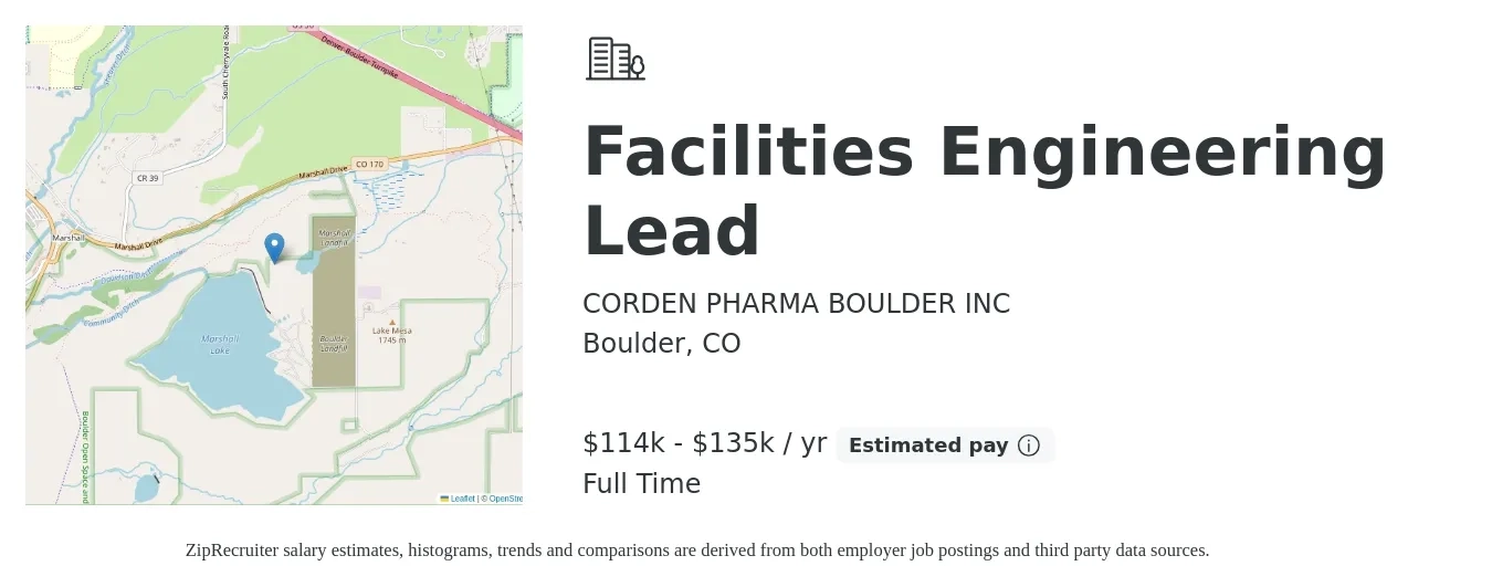 CORDEN PHARMA BOULDER INC job posting for a Facilities Engineering Lead in Boulder, CO with a salary of $114,865 to $135,287 Yearly with a map of Boulder location.