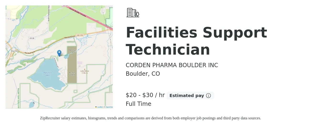 CORDEN PHARMA BOULDER INC job posting for a Facilities Support Technician in Boulder, CO with a salary of $21 to $32 Hourly with a map of Boulder location.