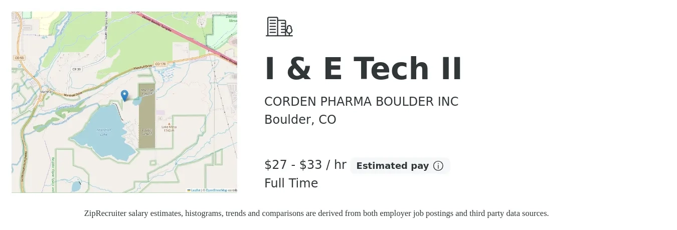 CORDEN PHARMA BOULDER INC job posting for a I & E Tech II in Boulder, CO with a salary of $28 to $35 Hourly with a map of Boulder location.