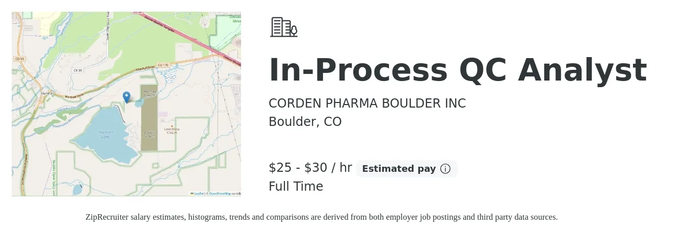 CORDEN PHARMA BOULDER INC job posting for a In-Process QC Analyst in Boulder, CO with a salary of $26 to $32 Hourly with a map of Boulder location.