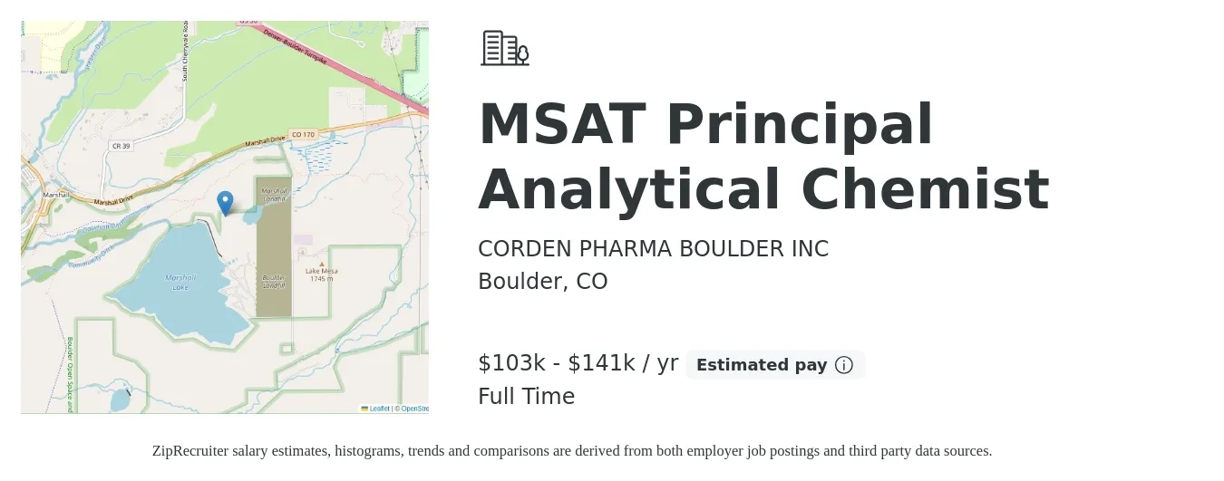 CORDEN PHARMA BOULDER INC job posting for a MSAT Principal Analytical Chemist in Boulder, CO with a salary of $103,430 to $141,280 Yearly with a map of Boulder location.