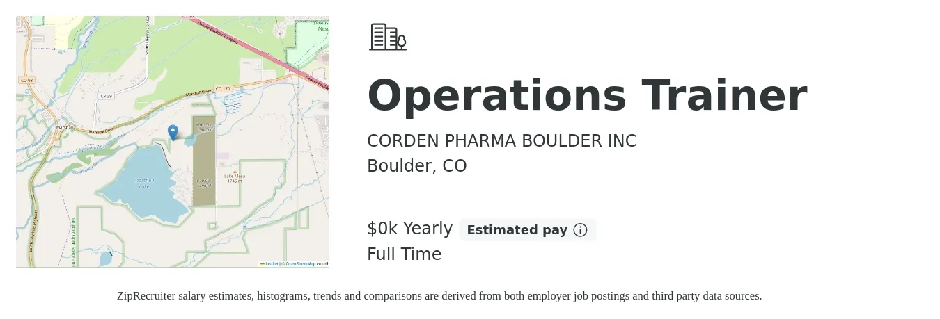 CORDEN PHARMA BOULDER INC job posting for a Operations Trainer in Boulder, CO with a salary of $29 to $38 Yearly with a map of Boulder location.