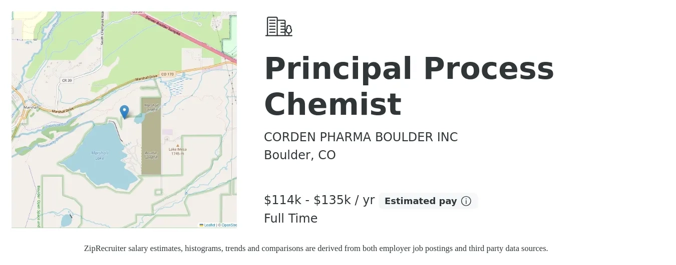 CORDEN PHARMA BOULDER INC job posting for a Principal Process Chemist in Boulder, CO with a salary of $114,760 to $135,200 Yearly with a map of Boulder location.