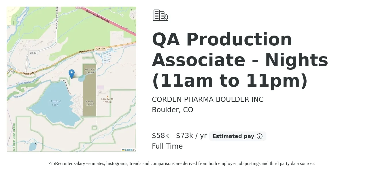 CORDEN PHARMA BOULDER INC job posting for a QA Production Associate - Nights (11am to 11pm) in Boulder, CO with a salary of $58,000 to $73,499 Yearly with a map of Boulder location.