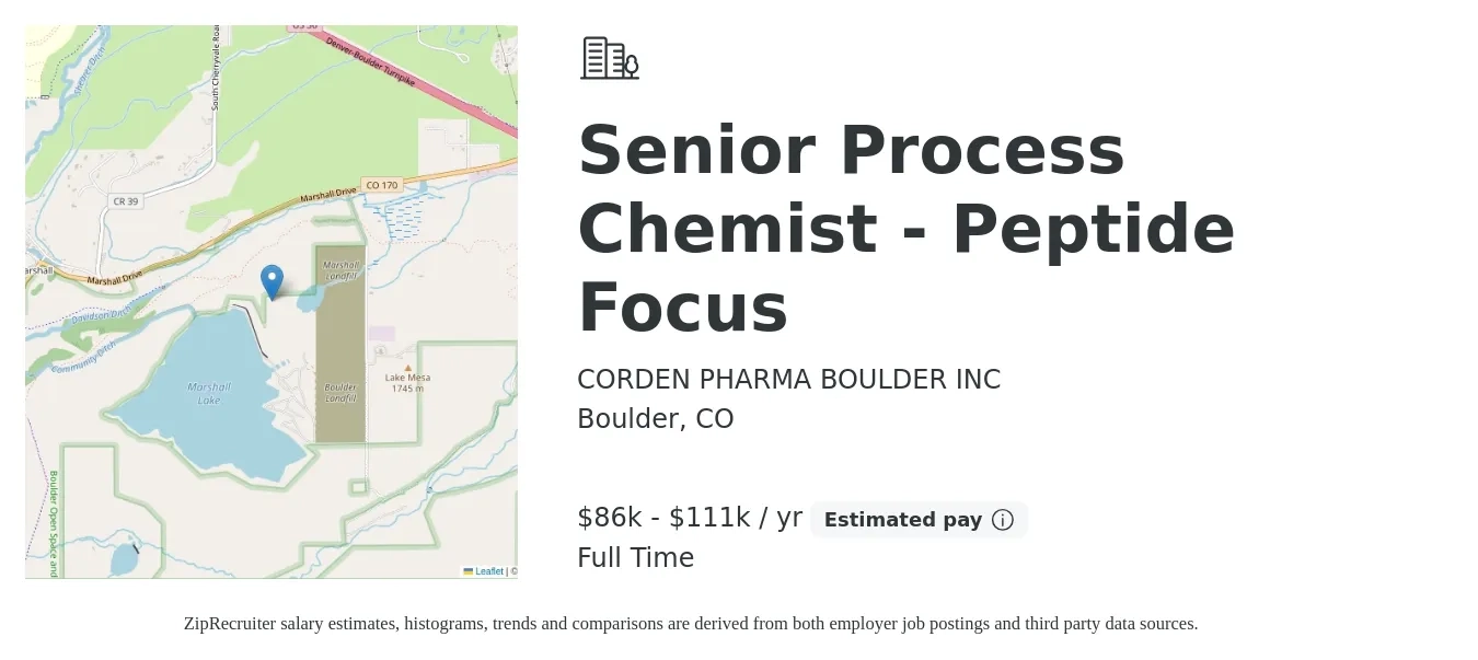CORDEN PHARMA BOULDER INC job posting for a Senior Process Chemist - Peptide Focus in Boulder, CO with a salary of $86,438 to $111,571 Yearly with a map of Boulder location.