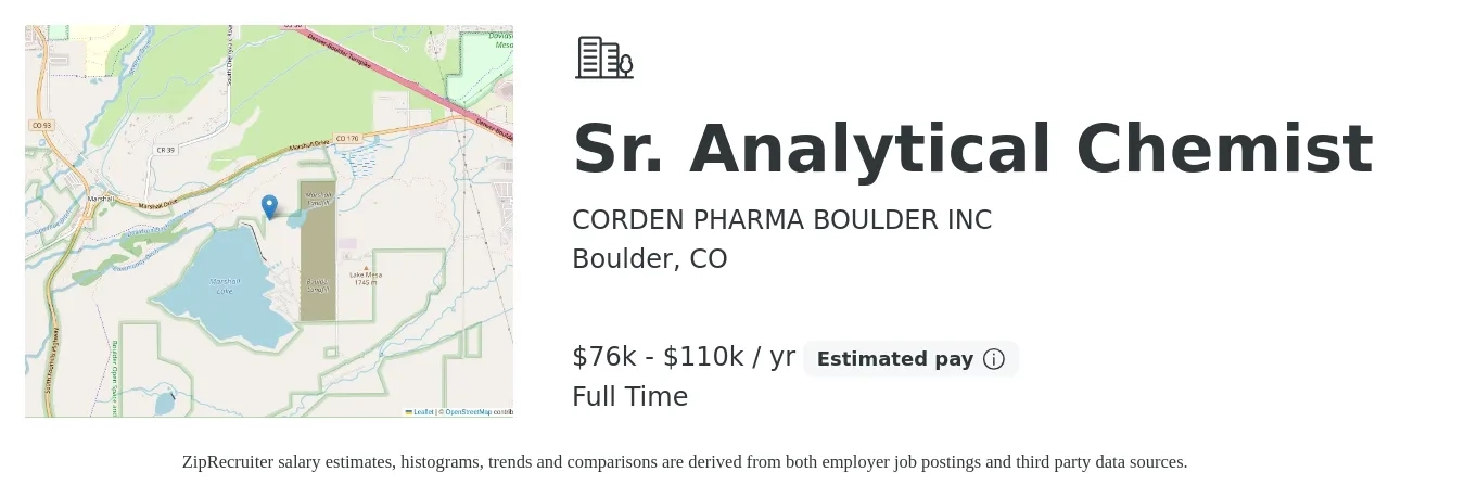 CORDEN PHARMA BOULDER INC job posting for a Sr. Analytical Chemist in Boulder, CO with a salary of $76,315 to $110,000 Yearly with a map of Boulder location.