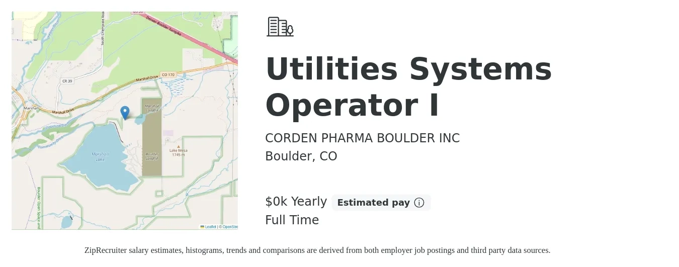 CORDEN PHARMA BOULDER INC job posting for a Utilities Systems Operator I in Boulder, CO with a salary of $27 to $29 Yearly with a map of Boulder location.