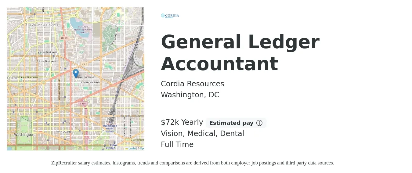 Cordia Resources job posting for a General Ledger Accountant in Washington, DC with a salary of $72,000 Yearly and benefits including dental, life_insurance, medical, retirement, and vision with a map of Washington location.