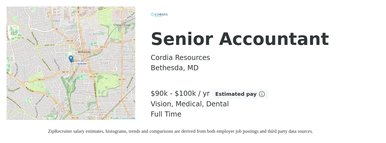 Cordia Resources job posting for a Senior Accountant in Bethesda, MD with a salary of $65,000 to $85,000 Yearly and benefits including medical, retirement, vision, dental, and life_insurance with a map of Bethesda location.