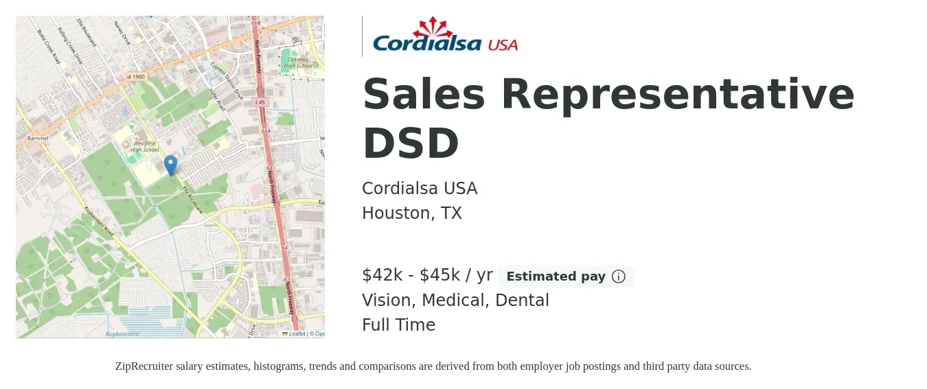 Cordialsa USA job posting for a Sales Representative DSD in Houston, TX with a salary of $42,000 to $45,000 Yearly and benefits including vision, dental, life_insurance, medical, pto, and retirement with a map of Houston location.