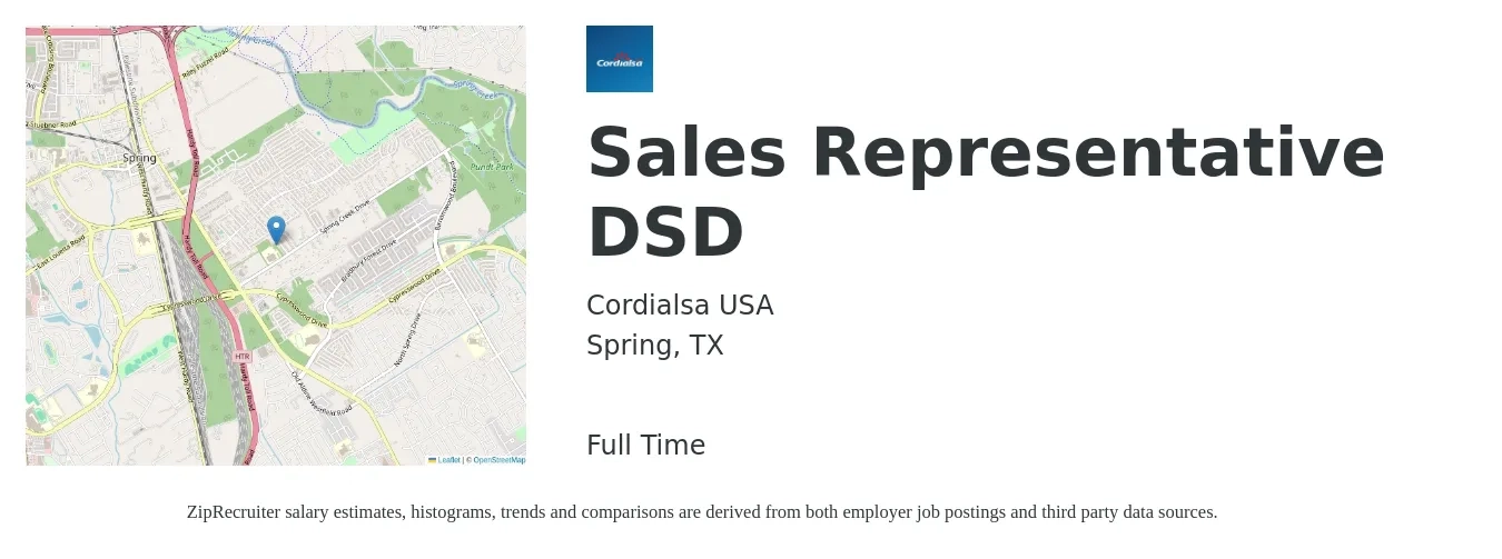Cordialsa USA job posting for a Sales Representative DSD in Spring, TX with a salary of $42,000 to $45,000 Yearly with a map of Spring location.