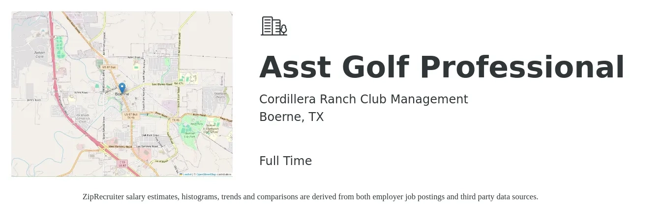 Cordillera Ranch Club Management job posting for a Asst Golf Professional in Boerne, TX with a salary of $45,000 to $60,000 Yearly with a map of Boerne location.