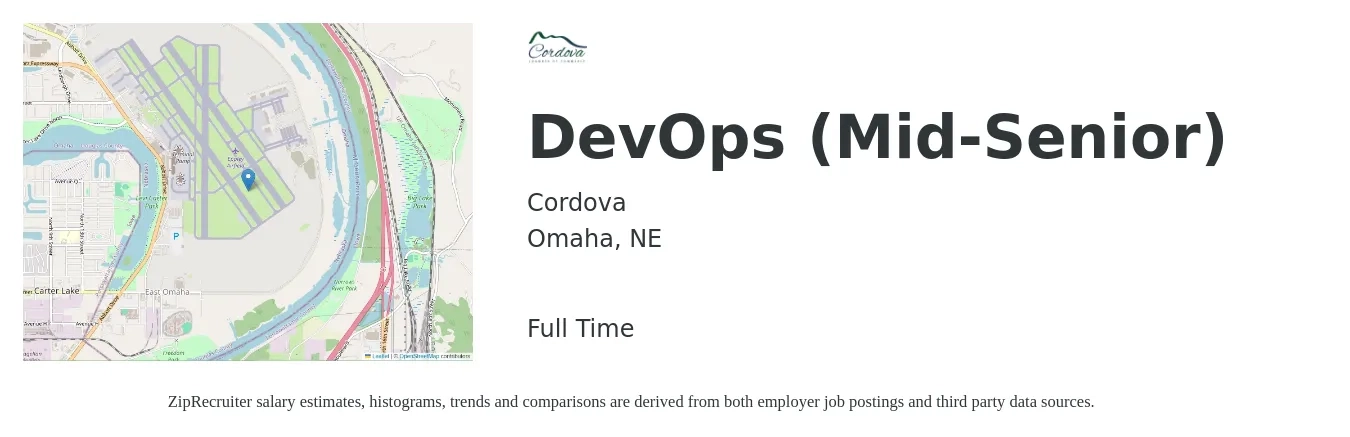 Cordova job posting for a DevOps (Mid-Senior) in Omaha, NE with a salary of $124,300 to $159,700 Yearly with a map of Omaha location.