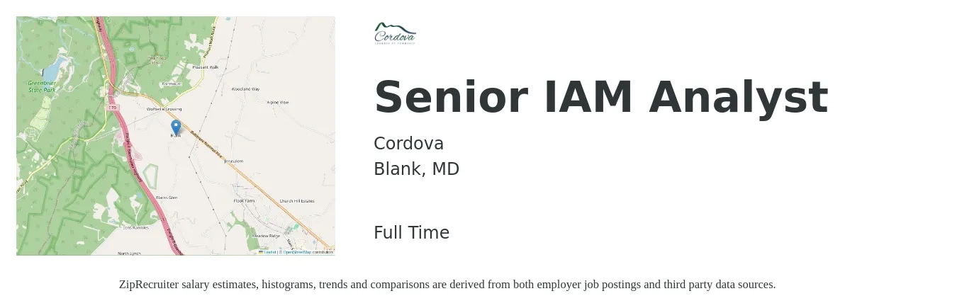 Cordova job posting for a Senior IAM Analyst in Blank, MD with a salary of $87,000 to $115,100 Yearly with a map of Blank location.