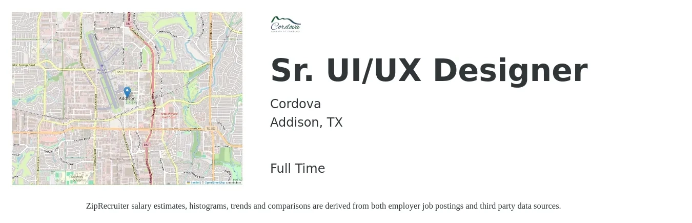 Cordova job posting for a Sr. UI/UX Designer in Addison, TX with a salary of $103,600 to $149,100 Yearly with a map of Addison location.