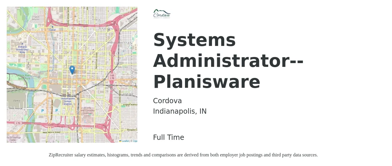 Cordova job posting for a Systems Administrator--Planisware in Indianapolis, IN with a salary of $66,900 to $99,400 Yearly with a map of Indianapolis location.