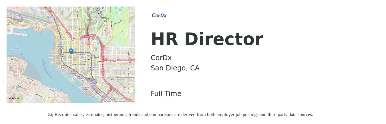 CorDx job posting for a HR Director in San Diego, CA with a salary of $130,000 to $210,000 Yearly with a map of San Diego location.