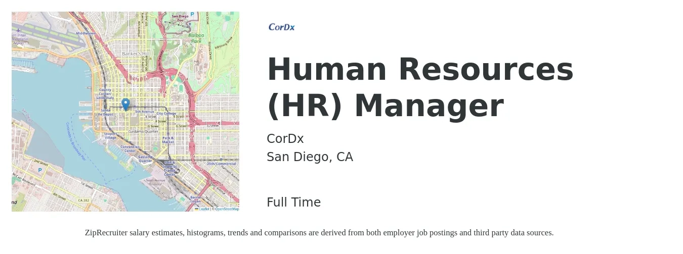CorDx job posting for a Human Resources (HR) Manager in San Diego, CA with a salary of $125,000 Yearly with a map of San Diego location.