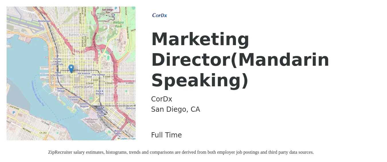 CorDx job posting for a Marketing Director(Mandarin Speaking) in San Diego, CA with a salary of $75,900 to $139,600 Yearly with a map of San Diego location.