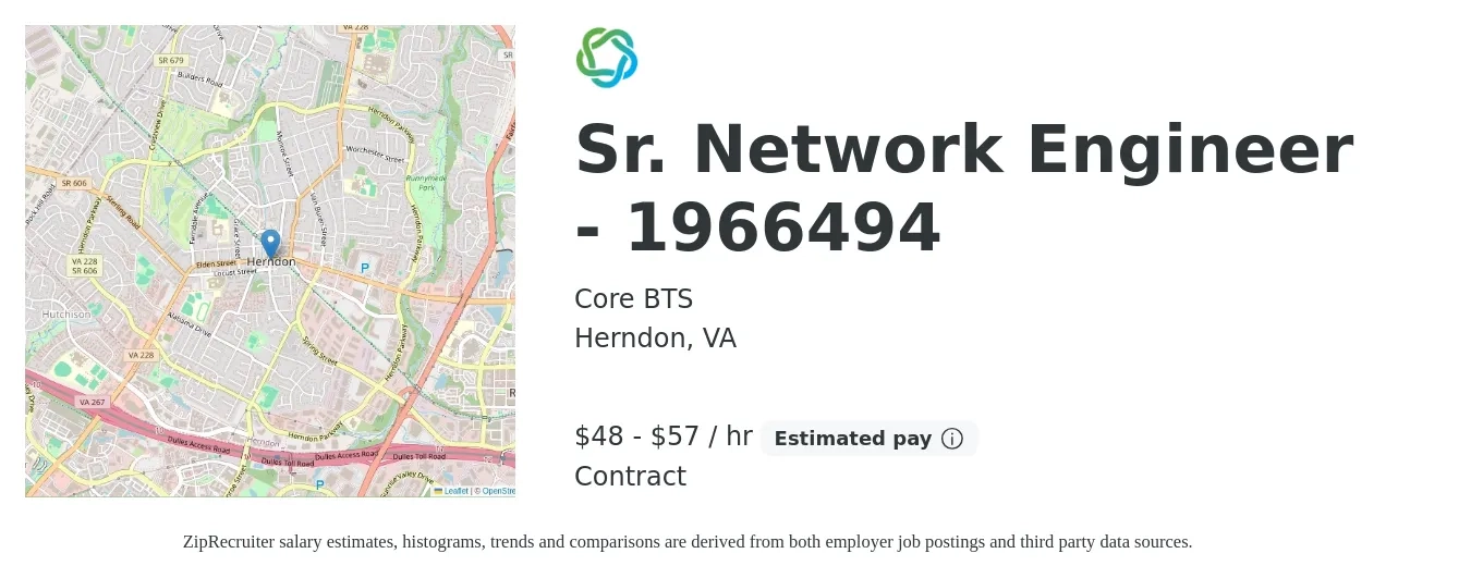 Core BTS job posting for a Sr. Network Engineer - 1966494 in Herndon, VA with a salary of $50 to $60 Hourly with a map of Herndon location.