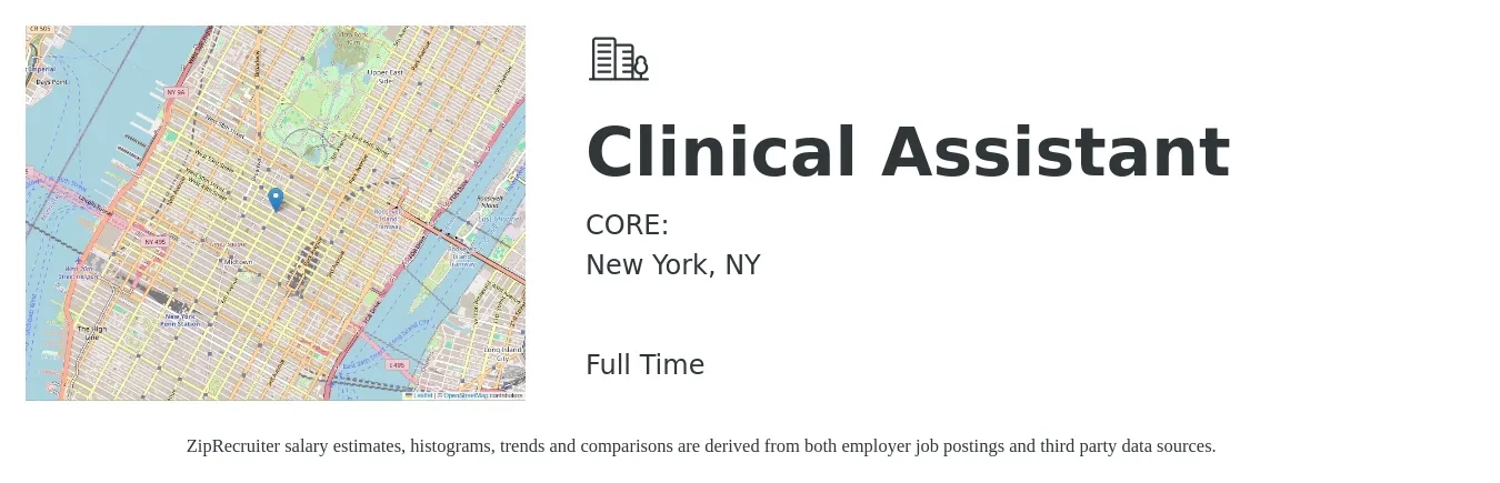 CORE: job posting for a Clinical Assistant in New York, NY with a salary of $24 Hourly with a map of New York location.