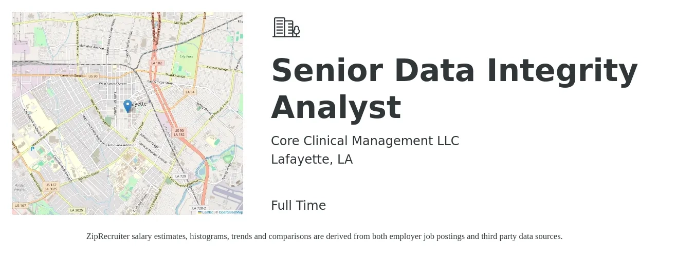 Core Clinical Management LLC job posting for a Senior Data Integrity Analyst in Lafayette, LA with a salary of $82,100 to $103,600 Yearly with a map of Lafayette location.