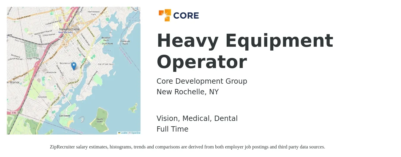 Core Development Group job posting for a Heavy Equipment Operator in New Rochelle, NY with a salary of $21 to $29 Hourly and benefits including vision, dental, life_insurance, medical, pto, and retirement with a map of New Rochelle location.