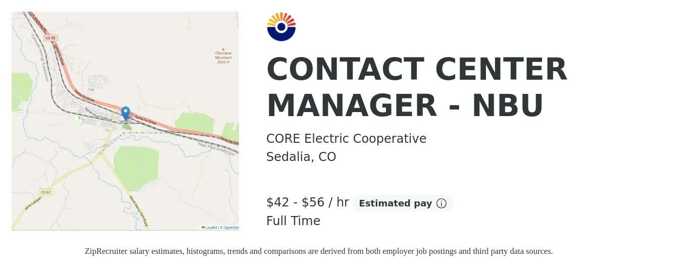 CORE Electric Cooperative job posting for a CONTACT CENTER MANAGER - NBU in Sedalia, CO with a salary of $92,496 to $123,178 Yearly with a map of Sedalia location.