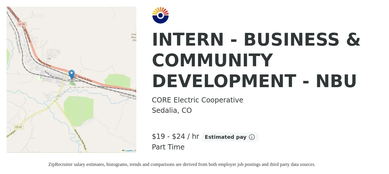 CORE Electric Cooperative job posting for a INTERN - BUSINESS & COMMUNITY DEVELOPMENT - NBU in Sedalia, CO with a salary of $20 to $25 Hourly with a map of Sedalia location.