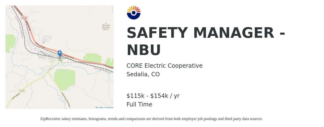 CORE Electric Cooperative job posting for a SAFETY MANAGER - NBU in Sedalia, CO with a salary of $115,752 to $154,440 Yearly with a map of Sedalia location.