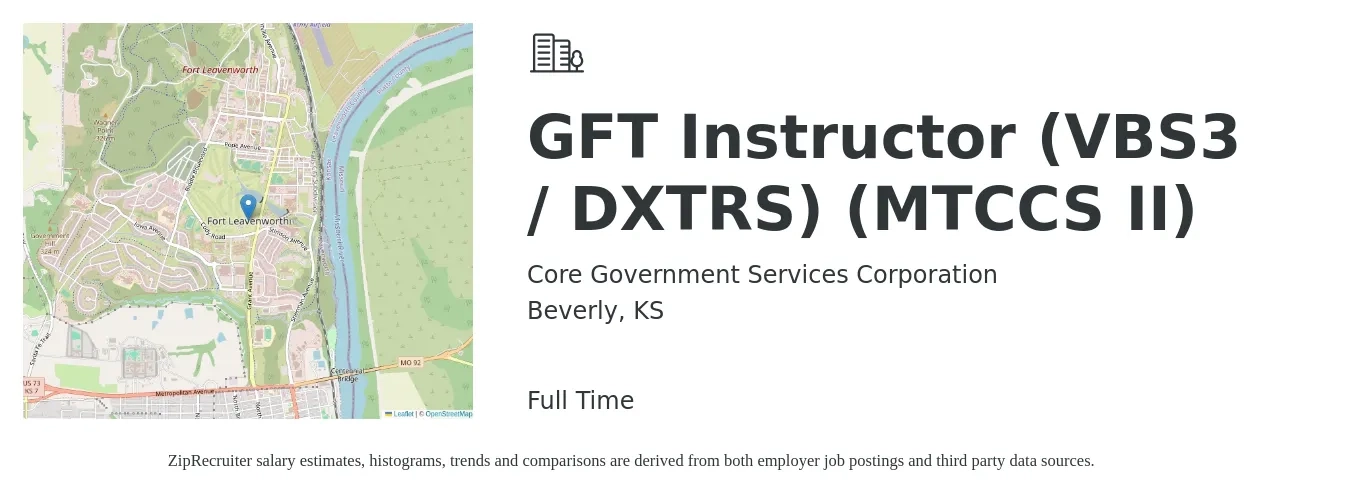 Core Government Services Corporation job posting for a GFT Instructor (VBS3 / DXTRS) (MTCCS II) in Beverly, KS with a salary of $17 to $22 Hourly with a map of Beverly location.