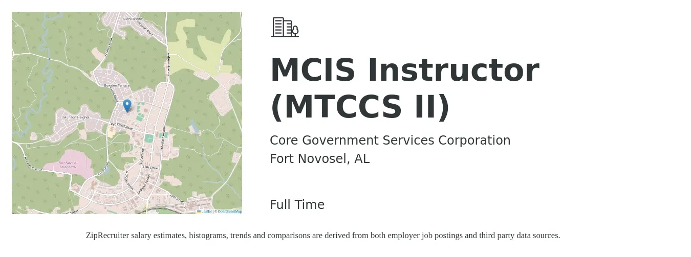 Core Government Services Corporation job posting for a MCIS Instructor (MTCCS II) in Fort Novosel, AL with a map of Fort Novosel location.
