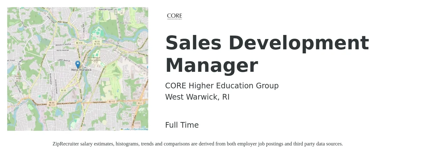 CORE Higher Education Group job posting for a Sales Development Manager in West Warwick, RI with a salary of $56,800 to $89,800 Yearly with a map of West Warwick location.