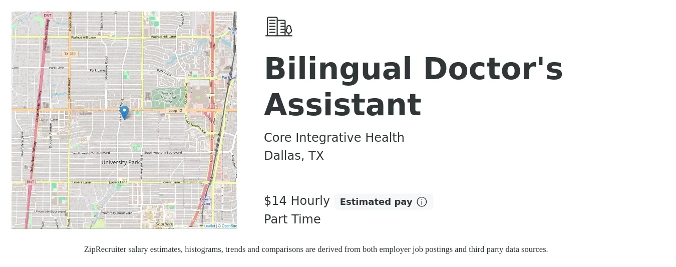 Core Integrative Health job posting for a Bilingual Doctor's Assistant in Dallas, TX with a salary of $15 Hourly with a map of Dallas location.