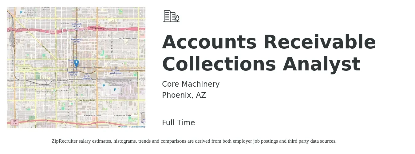 Core Machinery job posting for a Accounts Receivable Collections Analyst in Phoenix, AZ with a salary of $19 to $24 Hourly with a map of Phoenix location.