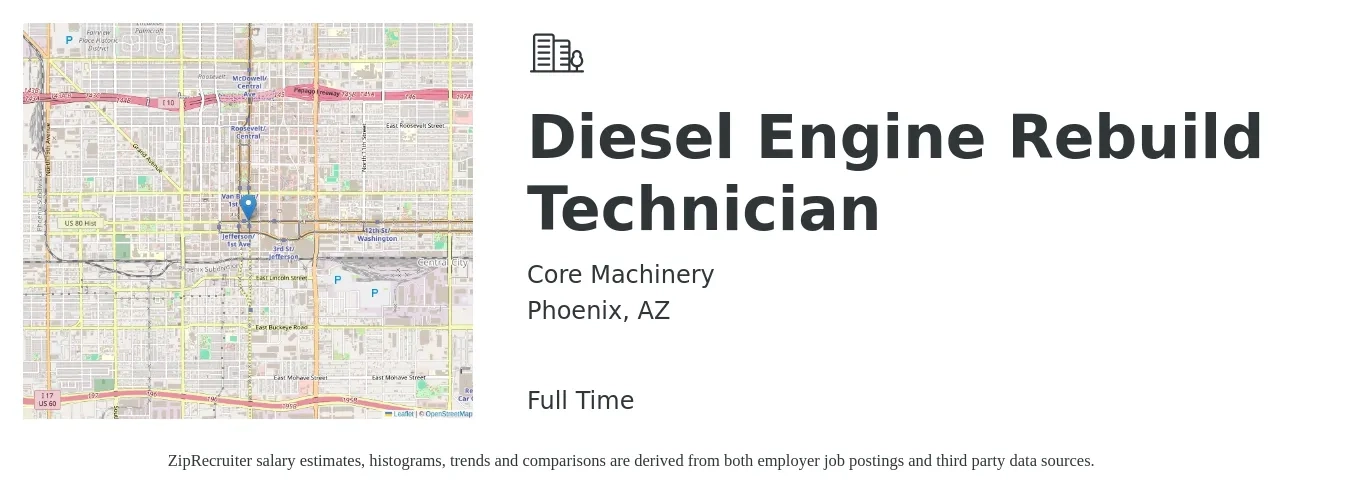Core Machinery job posting for a Diesel Engine Rebuild Technician in Phoenix, AZ with a salary of $25 to $35 Hourly with a map of Phoenix location.
