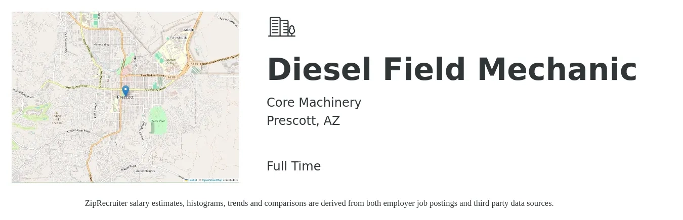 Core Machinery job posting for a Diesel Field Mechanic in Prescott, AZ with a salary of $25 to $32 Hourly with a map of Prescott location.