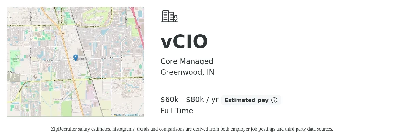 Core Managed job posting for a vCIO in Greenwood, IN with a salary of $60,000 to $80,000 Yearly with a map of Greenwood location.