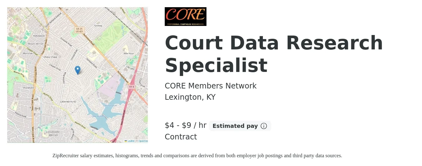 CORE Members Network job posting for a Court Data Research Specialist in Lexington, KY with a salary of $5 to $10 Hourly with a map of Lexington location.