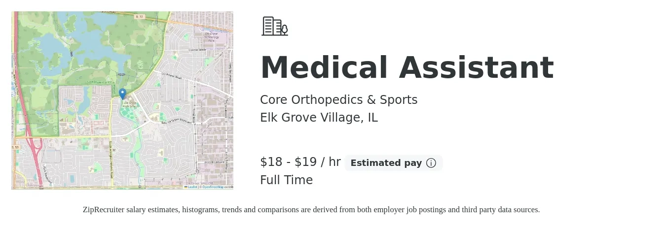 Core Orthopedics & Sports job posting for a Medical Assistant in Elk Grove Village, IL with a salary of $19 to $20 Hourly with a map of Elk Grove Village location.