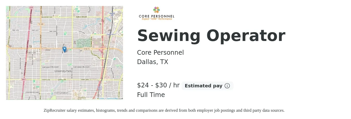 Core Personnel job posting for a Sewing Operator in Dallas, TX with a salary of $25 to $32 Hourly with a map of Dallas location.