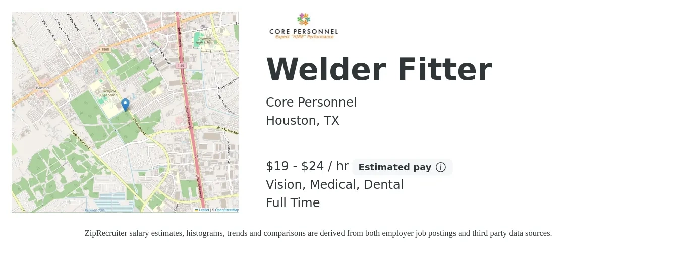 Core Personnel job posting for a Welder Fitter in Houston, TX with a salary of $20 to $25 Hourly and benefits including medical, vision, and dental with a map of Houston location.