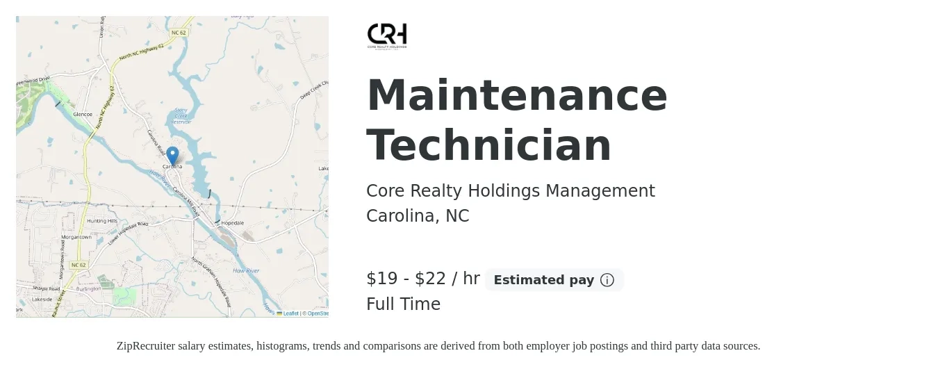 Core Realty Holdings Management job posting for a Maintenance Technician in Carolina, NC with a salary of $20 to $23 Hourly with a map of Carolina location.