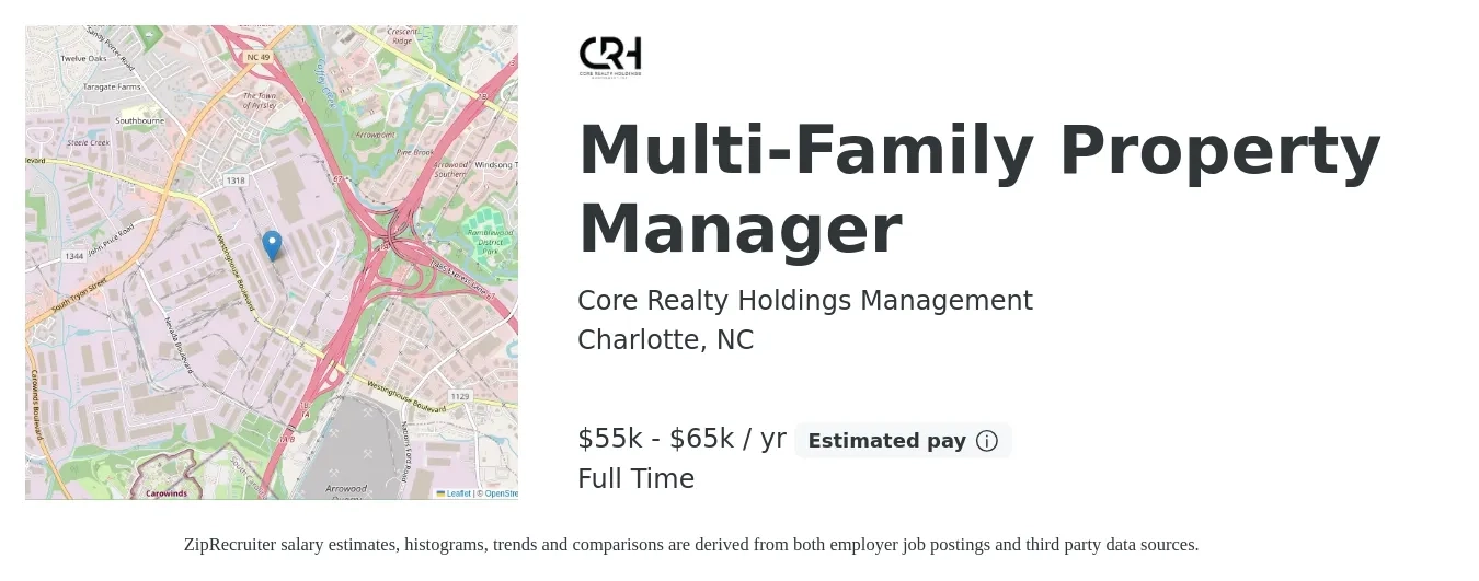 Core Realty Holdings Management job posting for a Multi-Family Property Manager in Charlotte, NC with a salary of $55,000 to $65,000 Yearly with a map of Charlotte location.