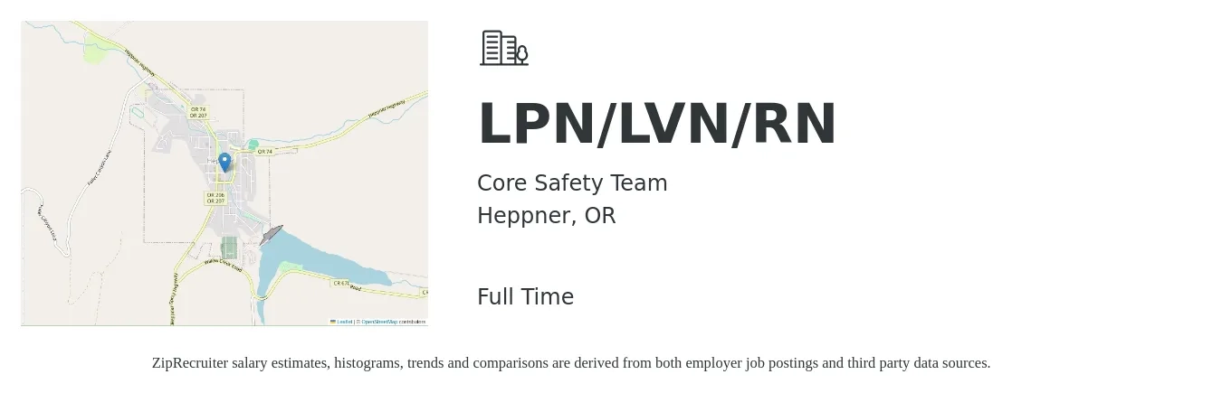 Core Safety Team job posting for a LPN/LVN/RN in Heppner, OR with a salary of $28 to $36 Hourly with a map of Heppner location.