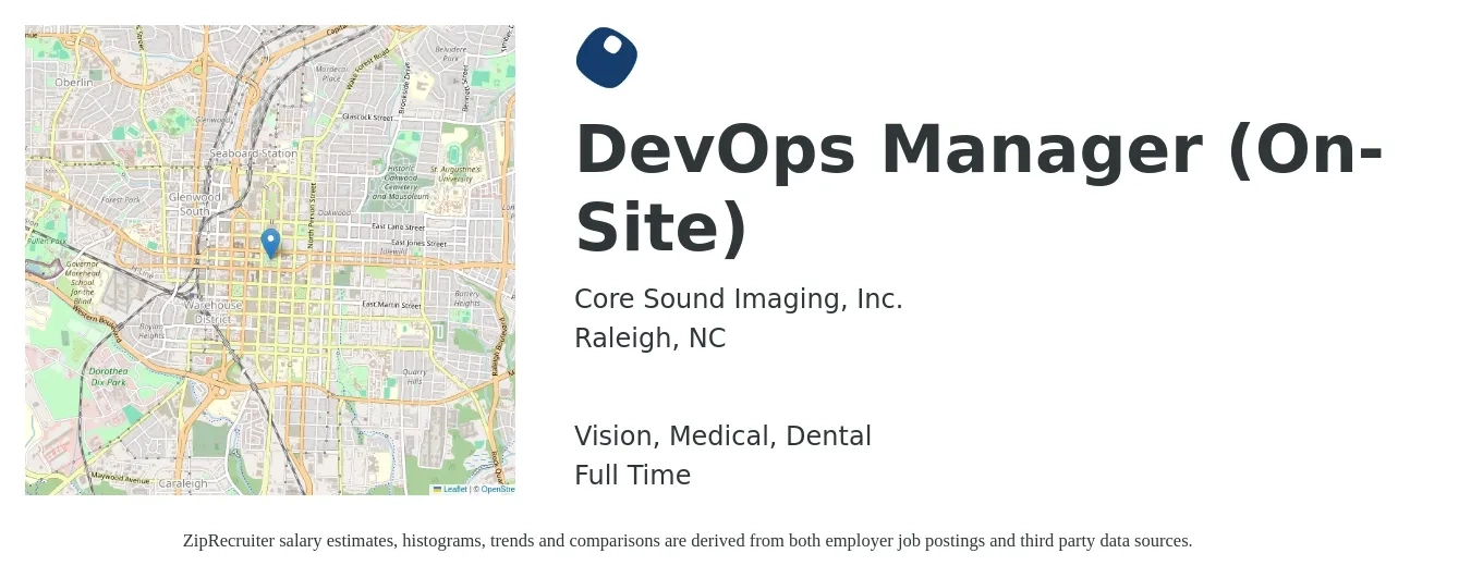 Core Sound Imaging, Inc. job posting for a DevOps Manager (On-Site) in Raleigh, NC with a salary of $51 to $70 Hourly and benefits including dental, medical, pto, retirement, and vision with a map of Raleigh location.