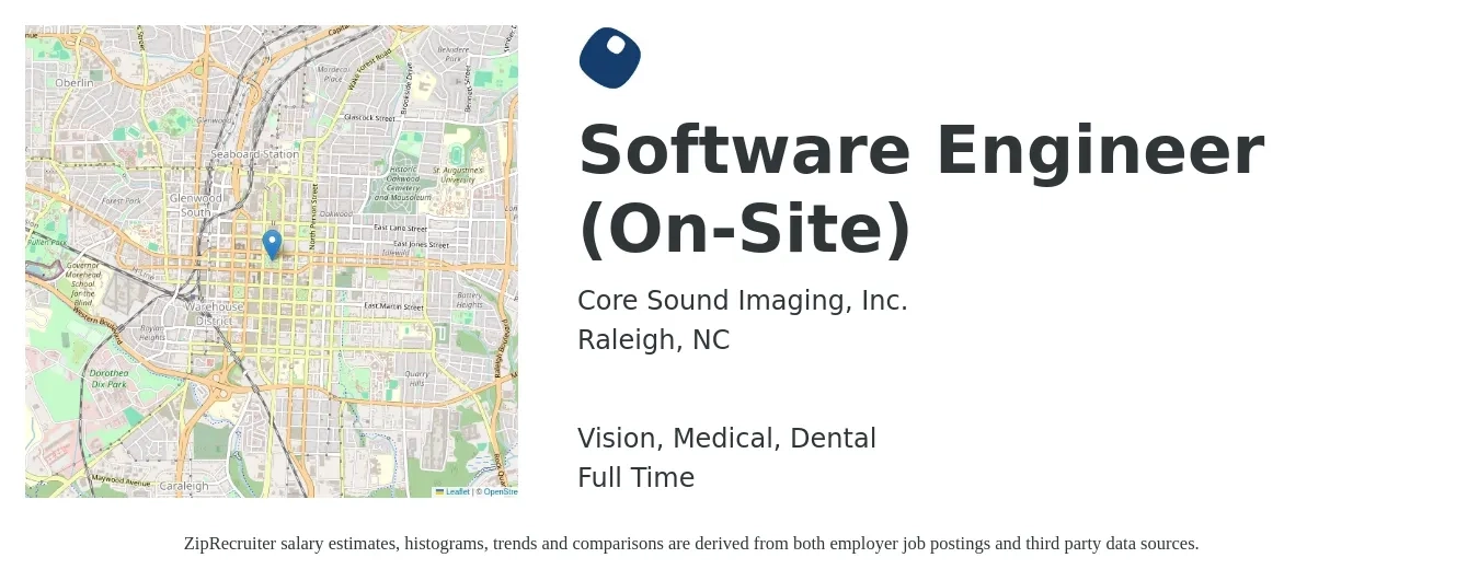 Core Sound Imaging, Inc. job posting for a Software Engineer (On-Site) in Raleigh, NC with a salary of $116,600 to $168,200 Yearly and benefits including pto, retirement, vision, dental, and medical with a map of Raleigh location.