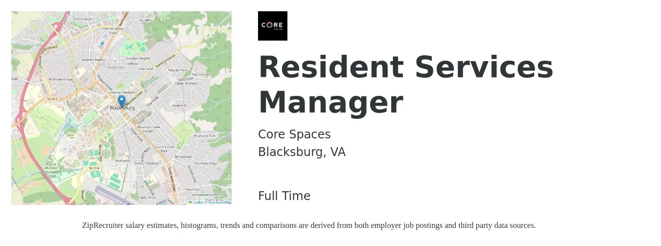 Core Spaces job posting for a Resident Services Manager in Blacksburg, VA with a salary of $39,400 to $63,700 Yearly with a map of Blacksburg location.